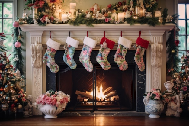 Des bas brodés florales de Noël sont accrochés à une cheminée. Illustration d'IA générative