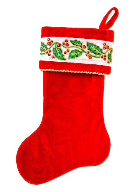 Bas de Noël. Chaussette rouge pour cadeaux isolé sur fond blanc