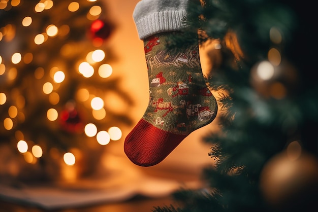 Des bas pour les vacances d'hiver suspendus dans l'atmosphère festive de l'arbre de Noël