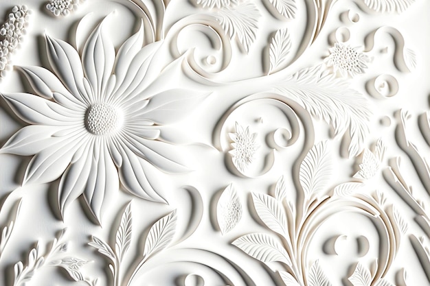 Photo bas-relief blanc avec des fleurs et des feuilles gracieuses comme motif floral abstrait