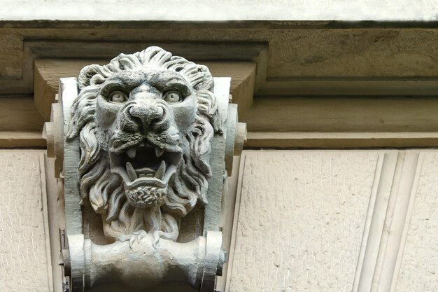 Bas-relief de la tête d'un lion sur un mur de pierre Espace de copie d'arrière-plan