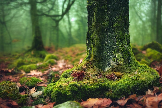 Base d'arbre avec de la mousse et des feuilles d'automne