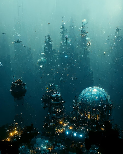 Base sous-marine extraterrestre dans Sea Abyss SciFi Illustration d'art numérique 3D