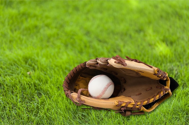 Baseball en gant sur l'herbe verte fraîche avec espace de copie