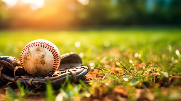 Baseball et gants sur l'herbe verte avec un fond de lumière du soleil flou
