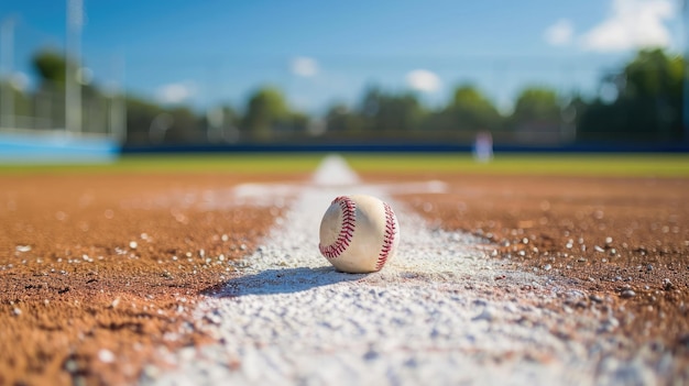 Baseball sur la ligne de craie de l'intérieur avec la base au loin