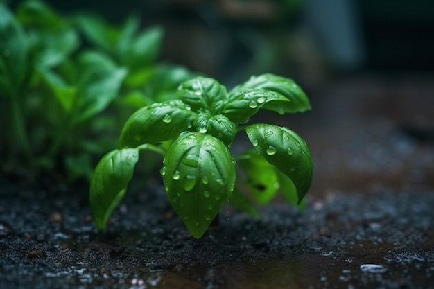 Basilic doux frais avec des feuilles vertes avec des gouttes d'eau sur fond sombre