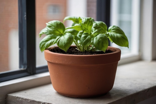 Basilic frais dans un pot en terre cuite près de la fenêtre