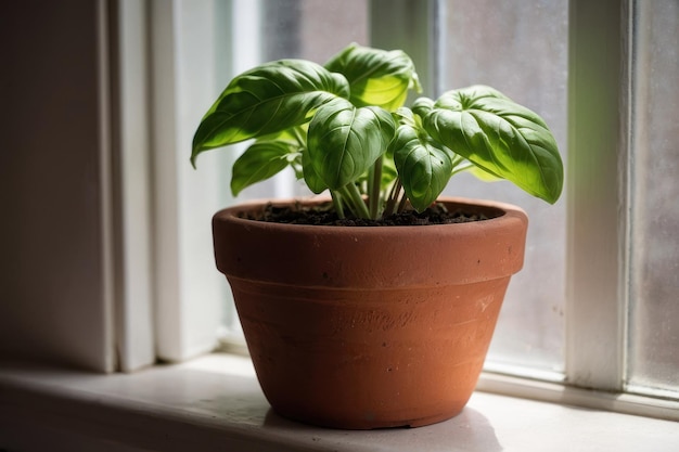 Basilic frais dans un pot en terre cuite près de la fenêtre