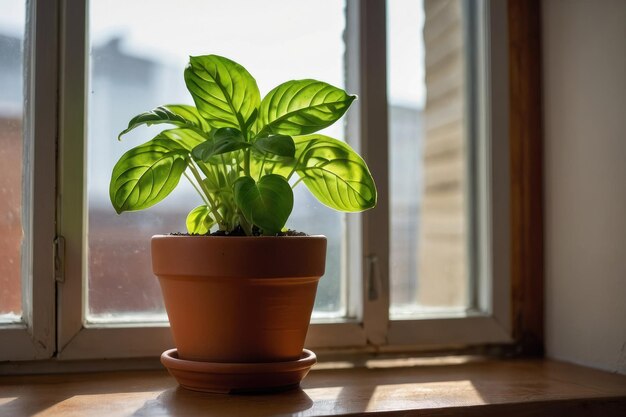 Basilic frais dans un pot en terre cuite près de la fenêtre