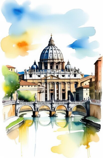 Basilique de San Pietro illustration à l'aquarelle de la cathédrale Saint-Pierre du Vatican à Rome en voyage