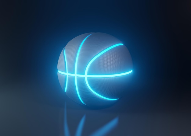 Basket-ball avec néons rougeoyants bleus futuristes sur fond sombre illustration de rendu 3D