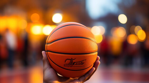 Photo basket-ball orange sur les mains fond flou