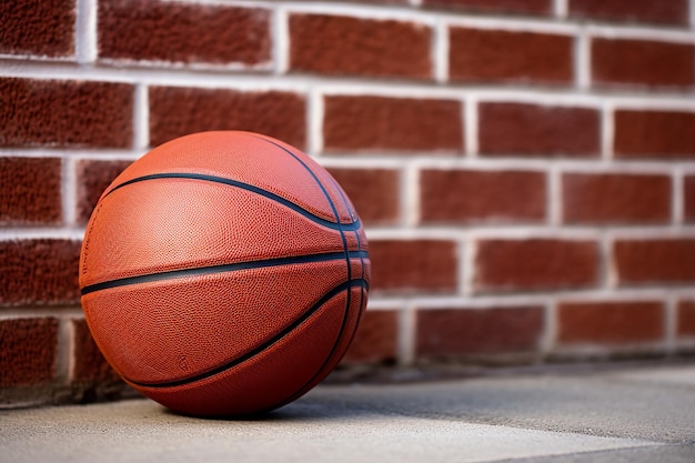 Basket-ball reposant contre un mur de briques urbain