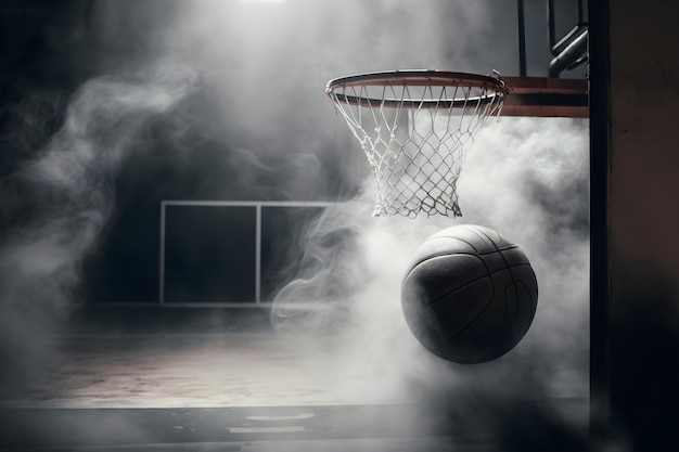 Basket-ball sur le sol du terrain en gros plan dans la fumée AI générative 9