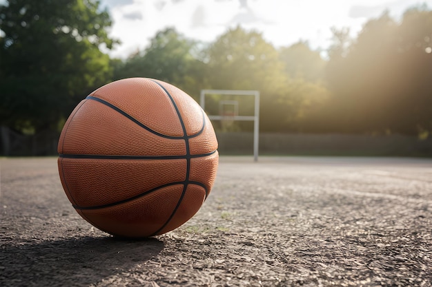 Basket-ball sur un terrain en plein air ensoleillé prêt pour l'action de jeu