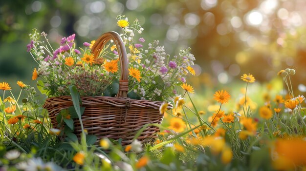 Basket d'herbes médicinales sur l'herbe espace de copie Collecte de plantes médicinales pendant la floraison