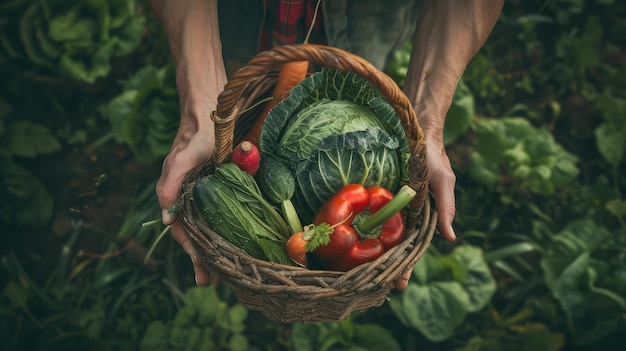 Basket avec des légumes chou carottes concombres radis et poivrons dans les mains d'un agriculteur fond de la nature concept de produits biologiques bio écologie cultivé par vous-même végétariens