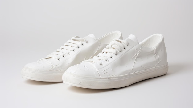 Des baskets blanches avec des panneaux métalliques et une semelle en plastique blanc