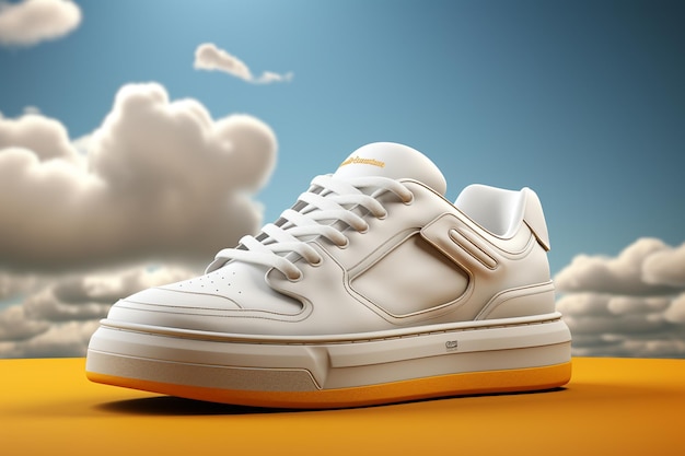 Des baskets blanches sur le sable avec des nuages dans le ciel rendu 3D