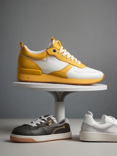 des baskets jaunes et blanches sur un fond blanc