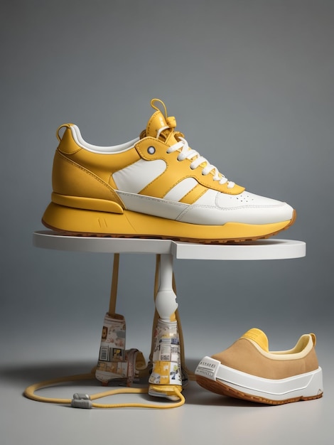 des baskets jaunes et blanches sur un fond blanc