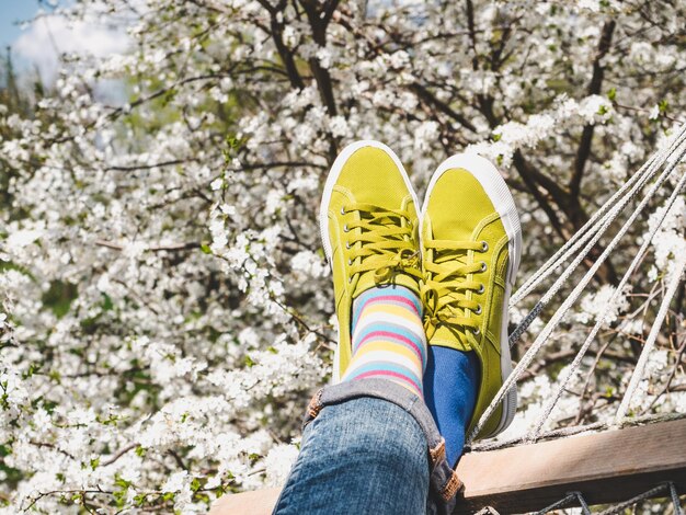 Des baskets à la mode et des chaussettes colorées sur le fond d'arbres en fleurs Closeup en plein air Style de mode pour hommes et femmes Concept de beauté et d'élégance