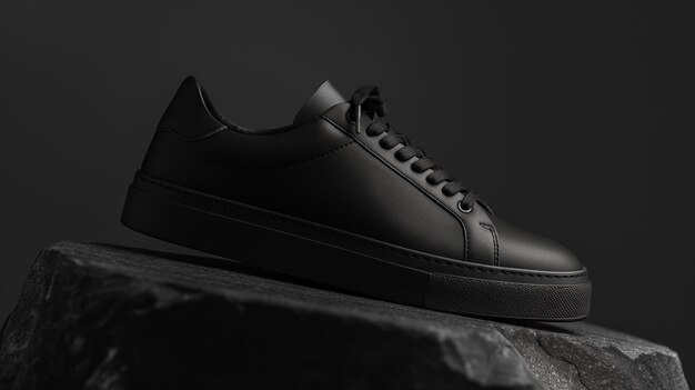 Les baskets noires sont présentées sur un fond sombre soulignant leur design élégant et leur style moderne