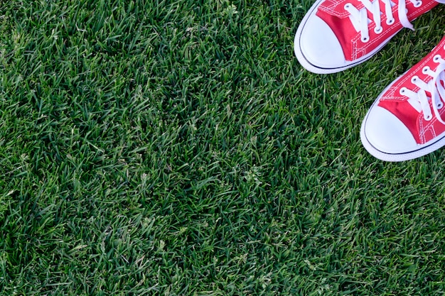 Photo baskets rouges sur une pelouse, vue de dessus