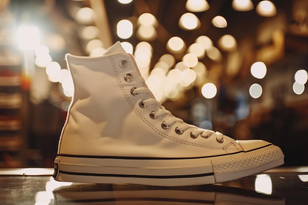 Des baskets en toile haute sous les lumières du magasin