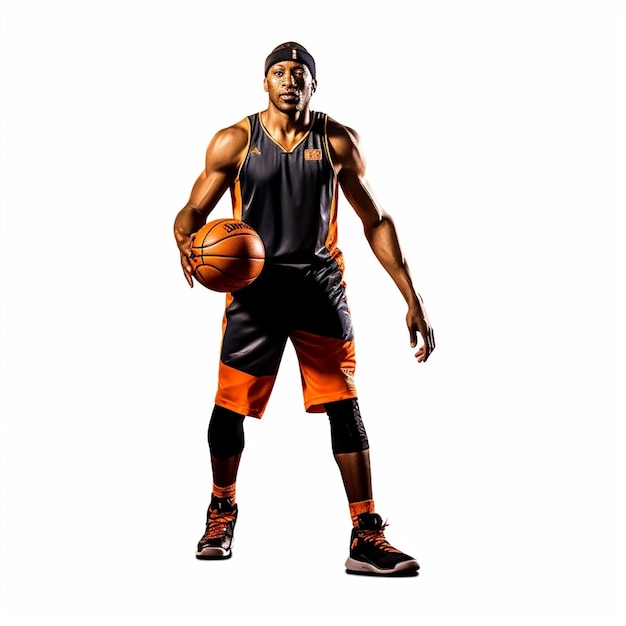 Un basketteur avec une casquette noire et un short orange tient un ballon de basket.