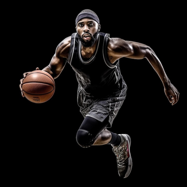 Un basketteur avec une chemise noire qui dit " basket " dessus.