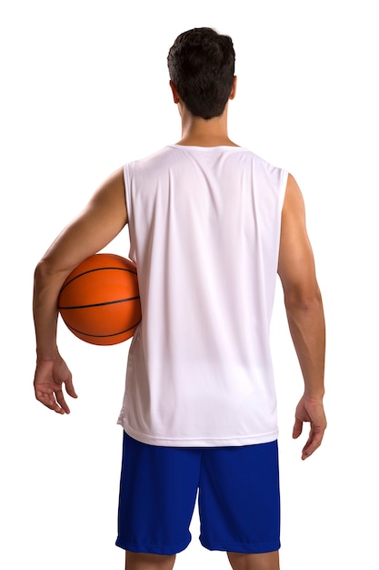 Basketteur professionnel français avec ballon. Isolé sur un espace blanc.