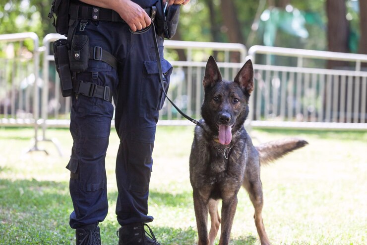 Photo basse section de l'homme avec le chien debout sur l'herbe