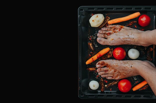 Photo basse section de l'homme avec des légumes et des épices dans un plateau sur fond noir