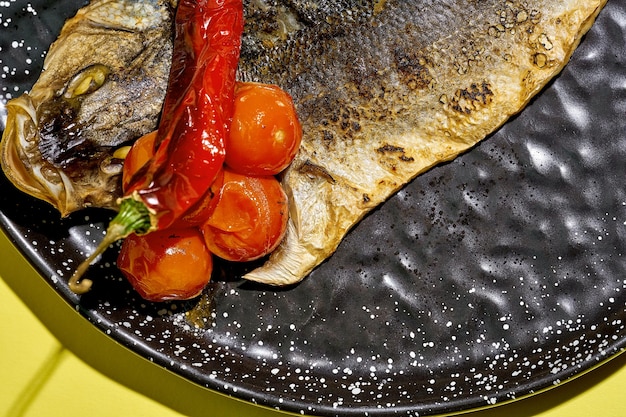 Bassin de mer frite avec des tomates cuites dans une assiette noire sur un fond jaune