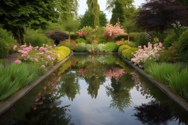 Bassin de réflexion dans un paysage de jardin luxuriant entouré de fleurs épanouies