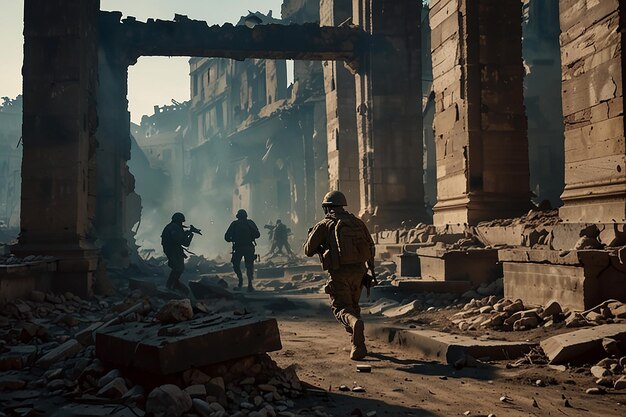 Photo la bataille au milieu des ruines les soldats sont résolus à ne pas céder