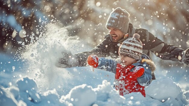 Photo la bataille de boules de neige avec papa