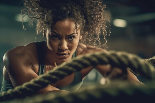 Bataille femme sport fitness corde gym afro-américaine athlète féminine jeune IA générative