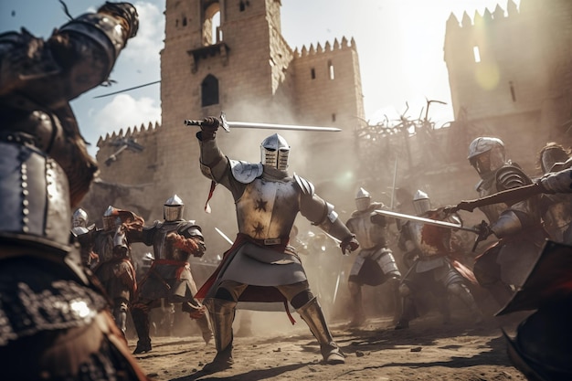 Bataille historique brutale dans la cour d'un château médiéval Generative AI