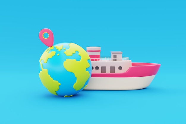 Bateau 3D avec globe et goupille de localisation Transport maritime Concept de tourisme et de voyage vacances vacances voyage dans le monde voyage rendu 3d