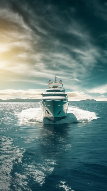 bateau arafé dans l'océan avec un ciel nuageux ai générative