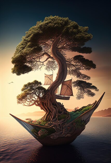 Photo un bateau avec un arbre au sommet
