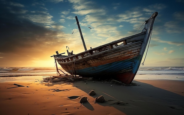 Un bateau assis au sommet d'une plage de sable AI