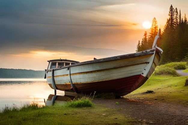 un bateau au bord d'un lac avec un coucher de soleil en arrière-plan