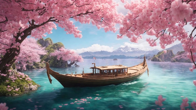 Un bateau au milieu des fleurs de cerisier