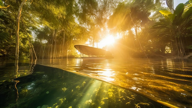 Un bateau au milieu d'une rivière avec le soleil qui brille sur l'eau