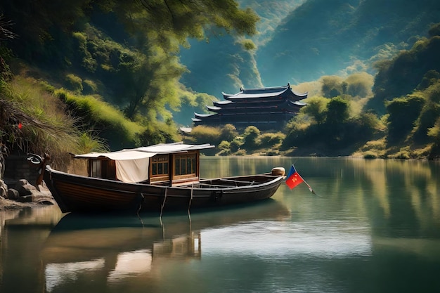 Un bateau avec un auvent à l'avant est amarré dans un lac surmonté d'une pagode.