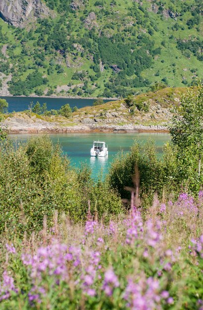 Bateau blanc dans la baie bleue au-dessus des montagnes